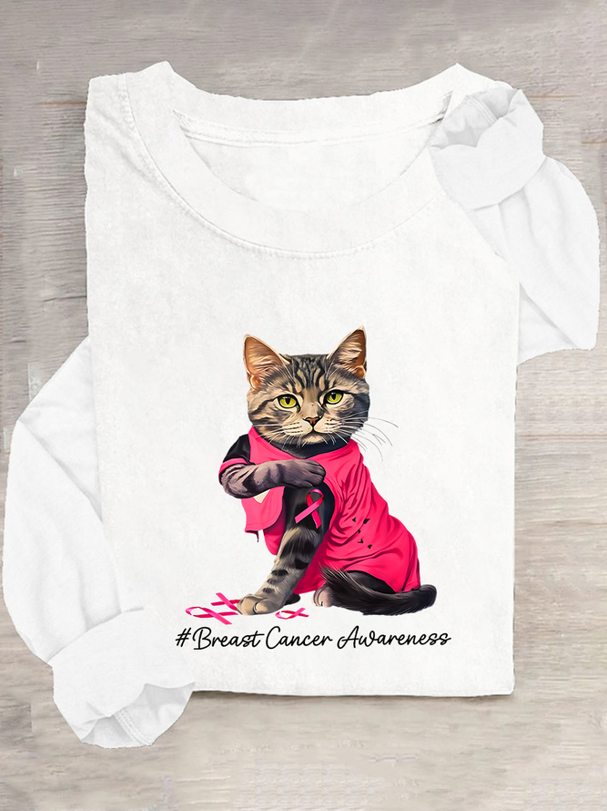 Breast Cancer Awareness Cat Casual Long Sleeve Shirt