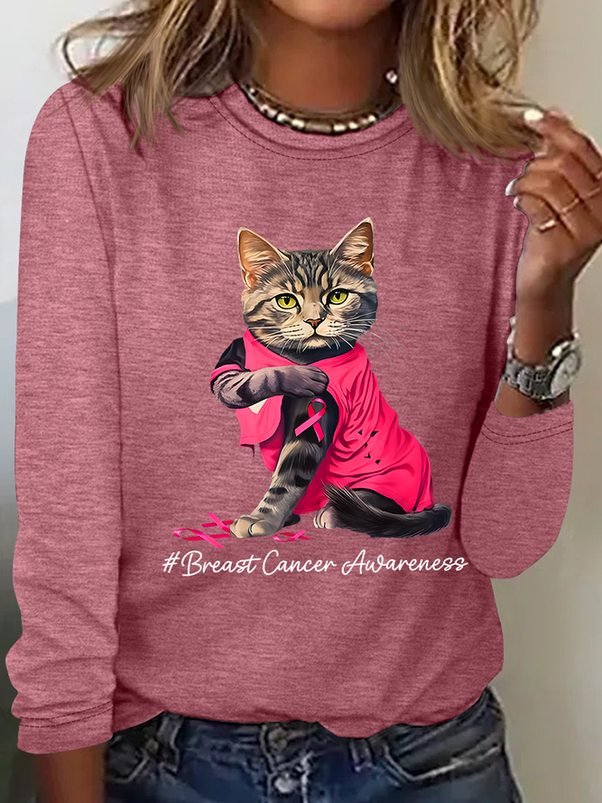 Breast Cancer Awareness Cat Casual Long Sleeve Shirt