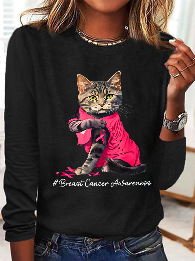 Breast Cancer Awareness Cat Casual Long Sleeve Shirt