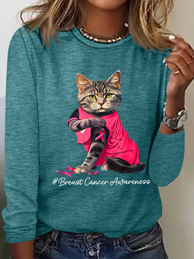 Breast Cancer Awareness Cat Casual Long Sleeve Shirt