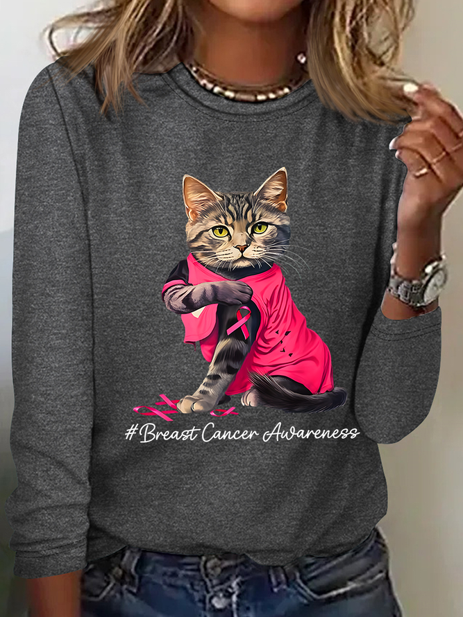 Breast Cancer Awareness Cat Casual Long Sleeve Shirt