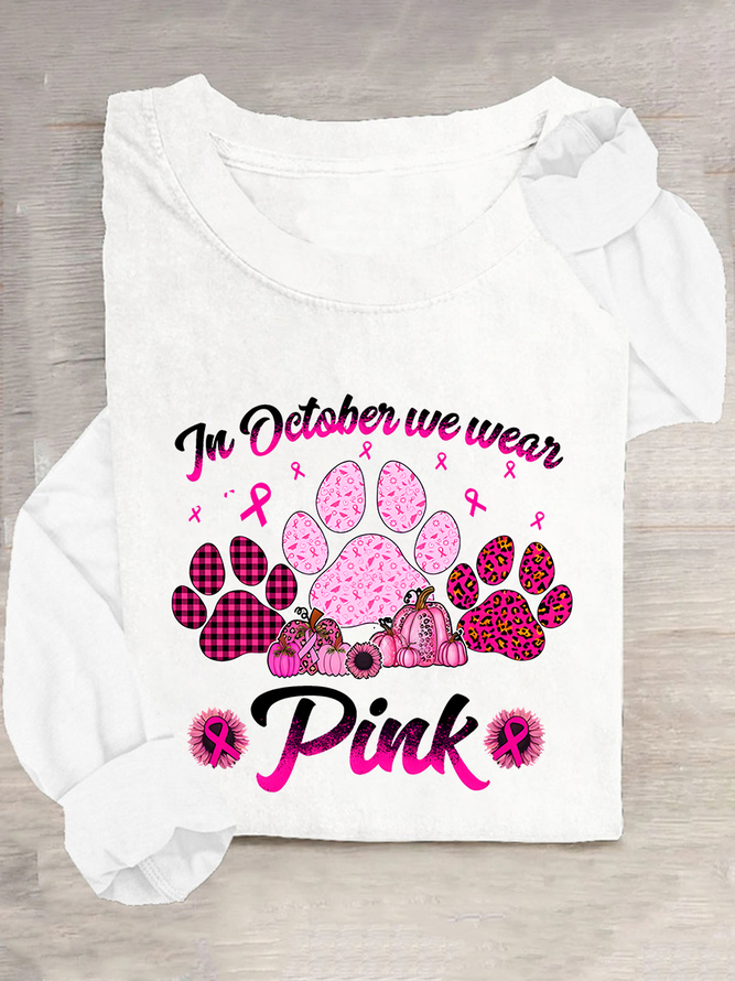 Breast Cancer Awareness Dog Paw Print Casual Long Sleeve Shirt