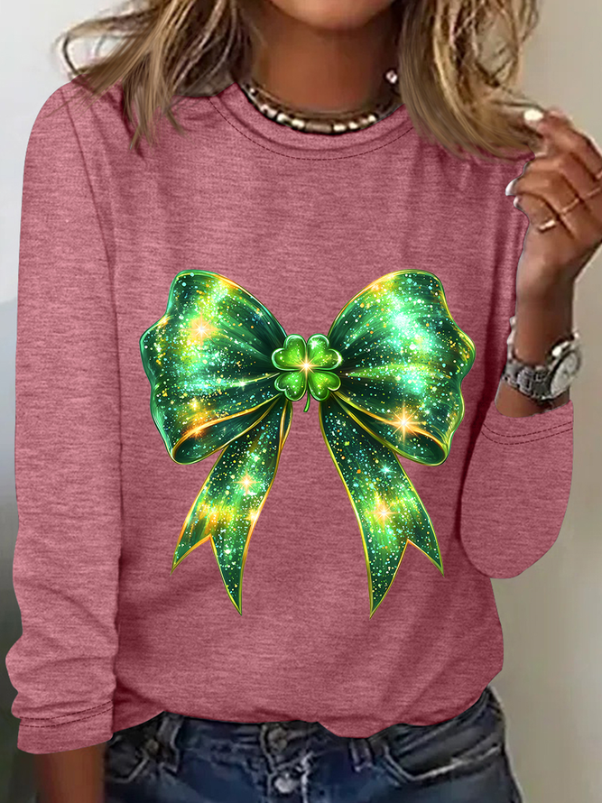 St. Patrick's Day Bow Shamrock Casual Long Sleeve Shirt
