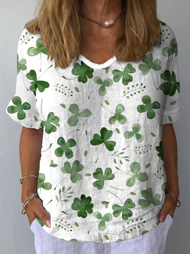 Women's St. Patrick's Day Casual V-Neck Cotton And Linen Top