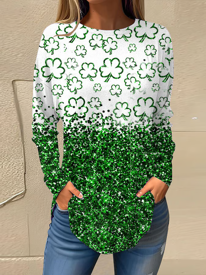 Women's St. Patrick's Day Glitter Clover Printed Top Long sleeve Shirt