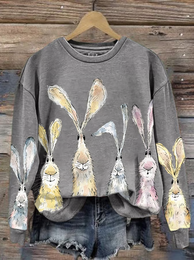 Women'S Watercolor Bunny Print Long Sleeve Sweatshirt
