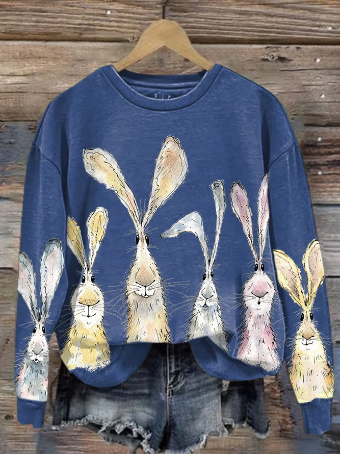 Women'S Watercolor Bunny Print Long Sleeve Sweatshirt