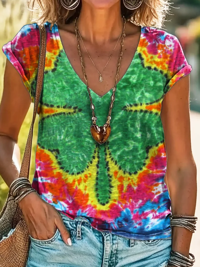 St. Patrick's Day shamrock tie-dye print V-neck T-shirt