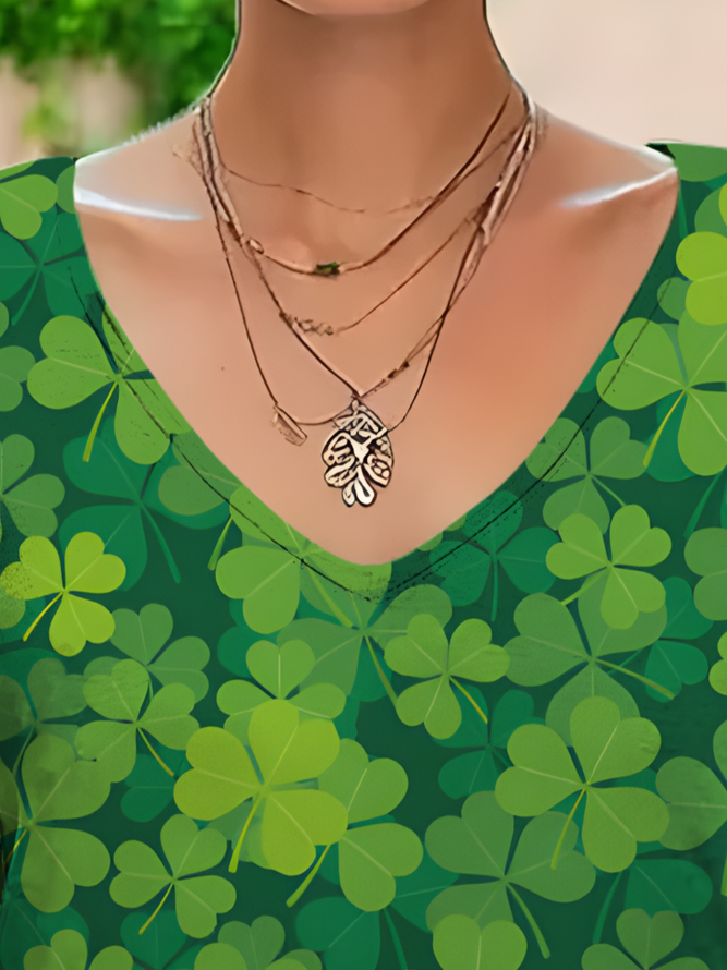Women's V-neck St. Patrick's Day Shamrock Print Long Sleeve T-shirt