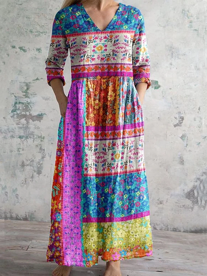 Women's Kantha style floral pattern V-neck dress with pockets