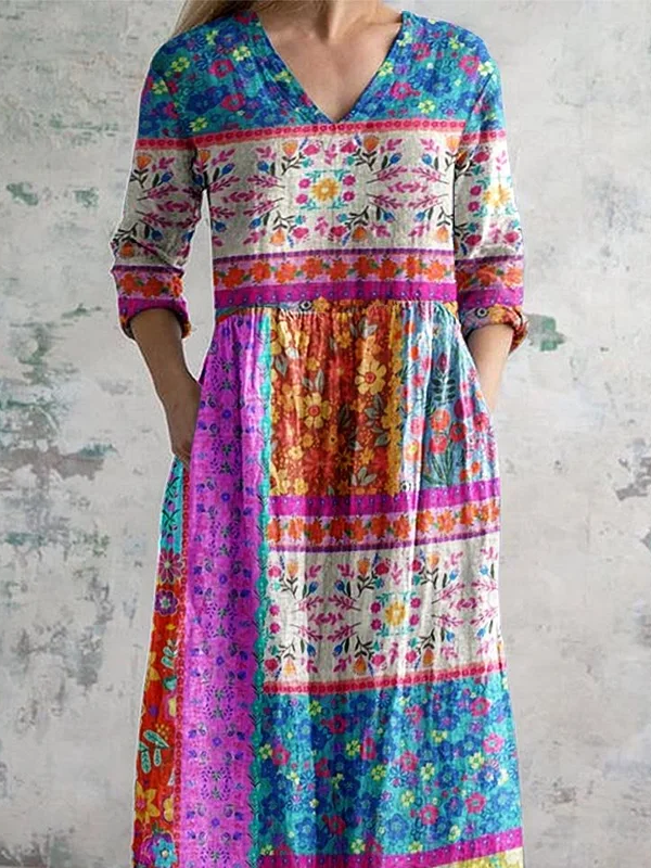 Women's Kantha style floral pattern V-neck dress with pockets