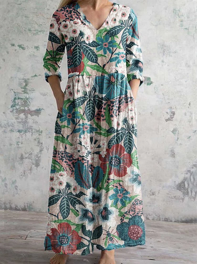 Women's elegant floral pattern V-neck cotton dress