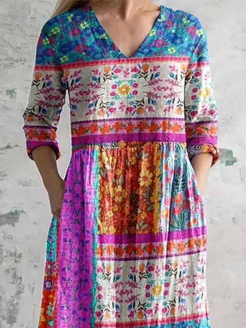 Women's Kantha style floral pattern V-neck dress with pockets