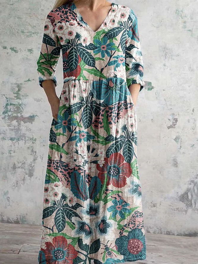 Women's elegant floral pattern V-neck cotton dress