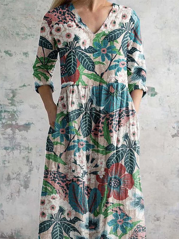 Women's elegant floral pattern V-neck cotton dress