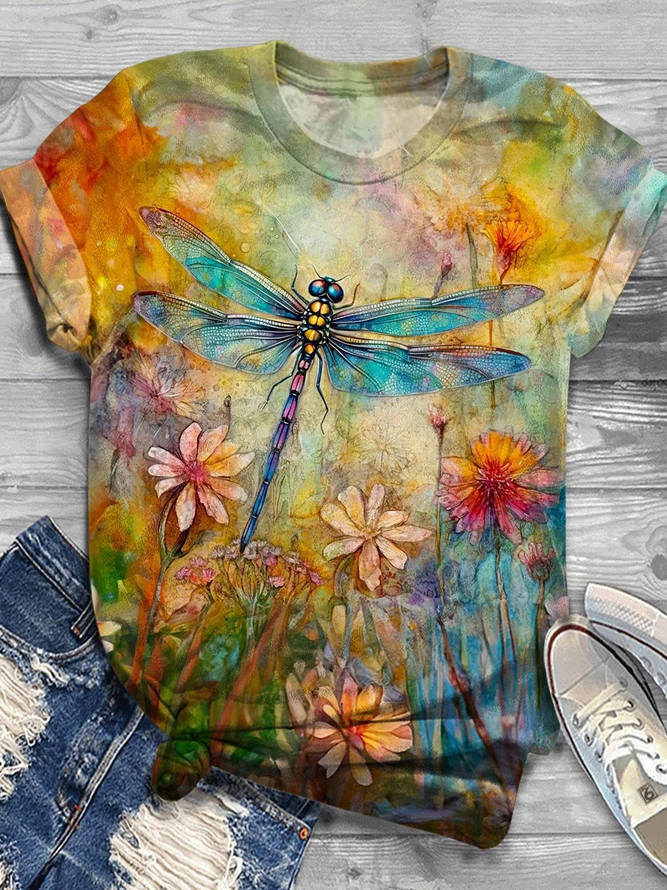 Dragonfly floral crew neck short-sleeved T-shirt