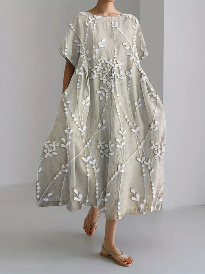 Elegant floral lace embroidery linen blend dress Dress With No Belt