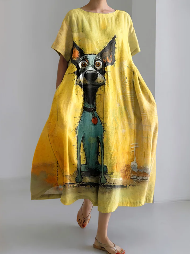Oil Painting Art Dog Print Short Sleeve Loose Midi Dress Dress With No Belt