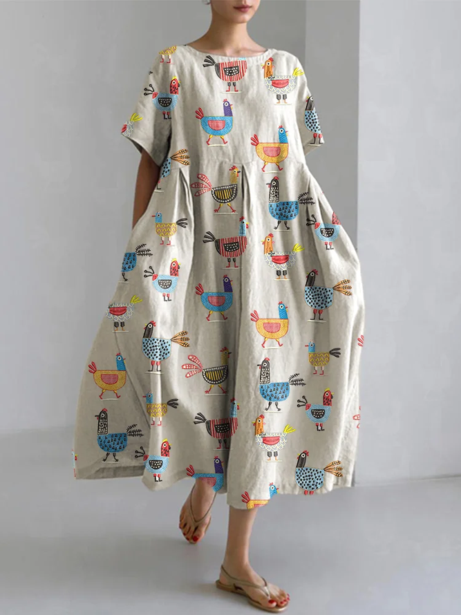 Funny Farm Chicken Embroidery Pattern Linen Blend Casual Dress With No Belt