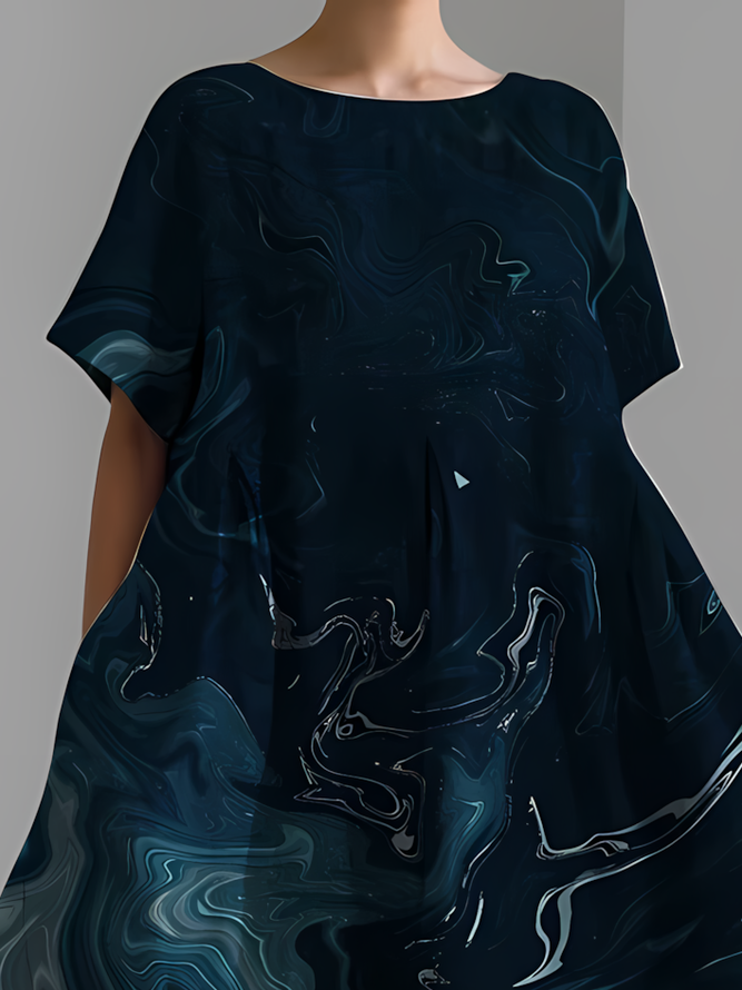 Women's Ocean Art Stripe Print Vintage Round Neck Pleated Dress