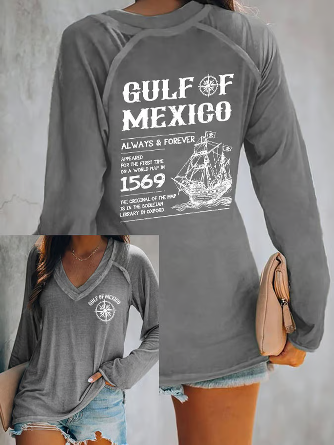 Women's Gulf Of Mexico Print V Neck T-Shirt