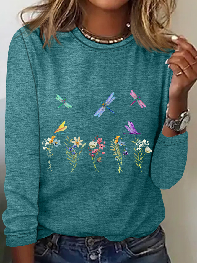 Dragonflies Wildflowers Casual Long Sleeve Shirt