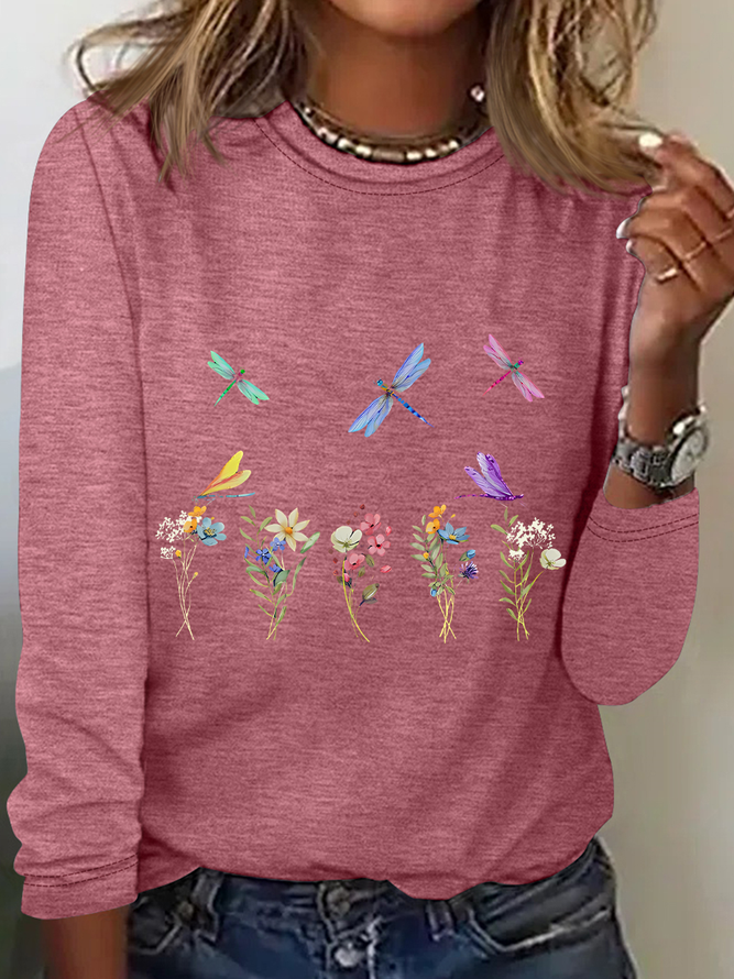 Dragonflies Wildflowers Casual Long Sleeve Shirt