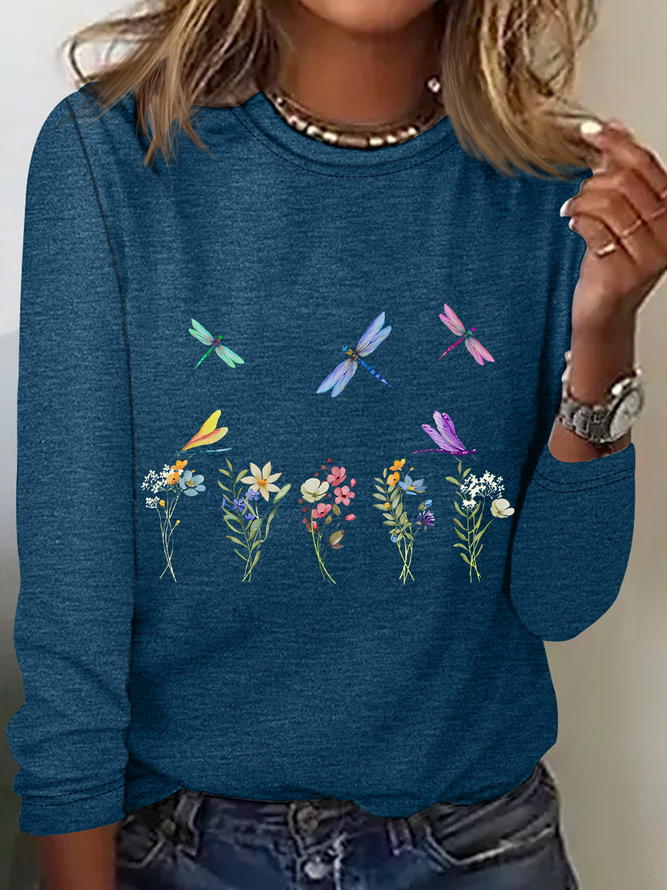 Dragonflies Wildflowers Casual Long Sleeve Shirt