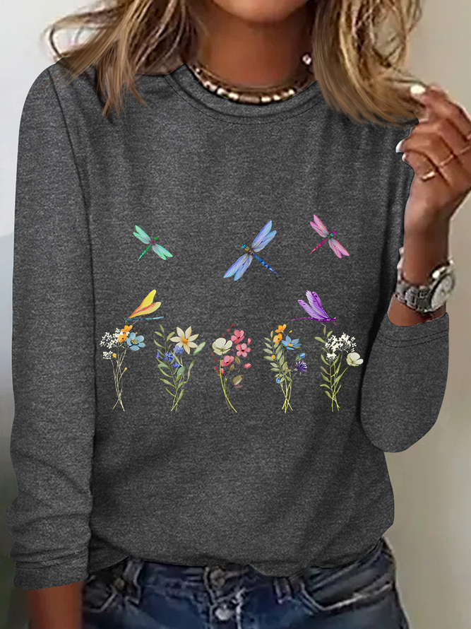 Dragonflies Wildflowers Casual Long Sleeve Shirt