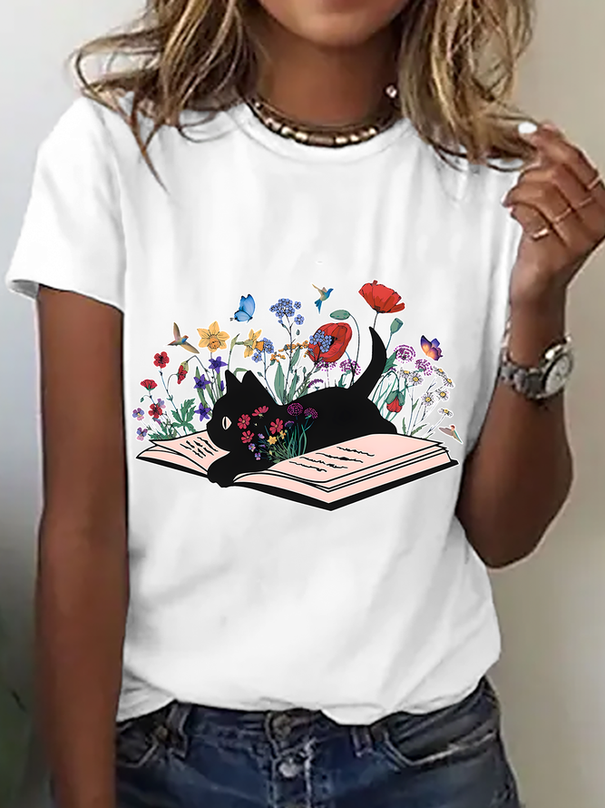 Cute Floral Cat Cotton T-Shirt