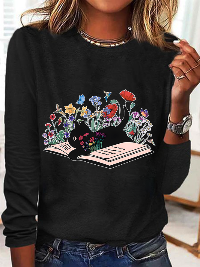 Cute Floral Cat Casual Long Sleeve Shirt