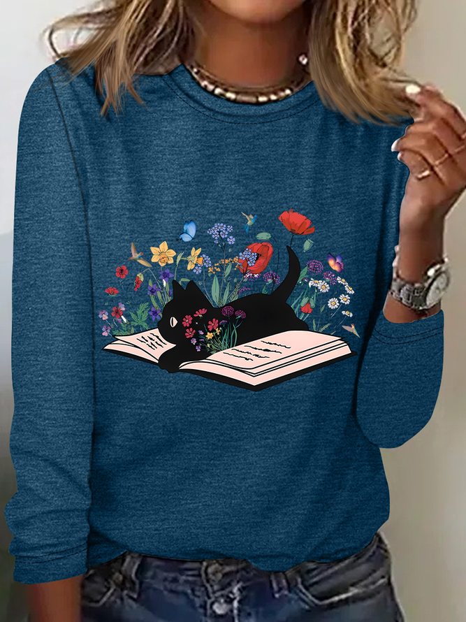Cute Floral Cat Casual Long Sleeve Shirt