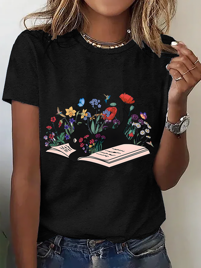 Cute Floral Cat Cotton T-Shirt