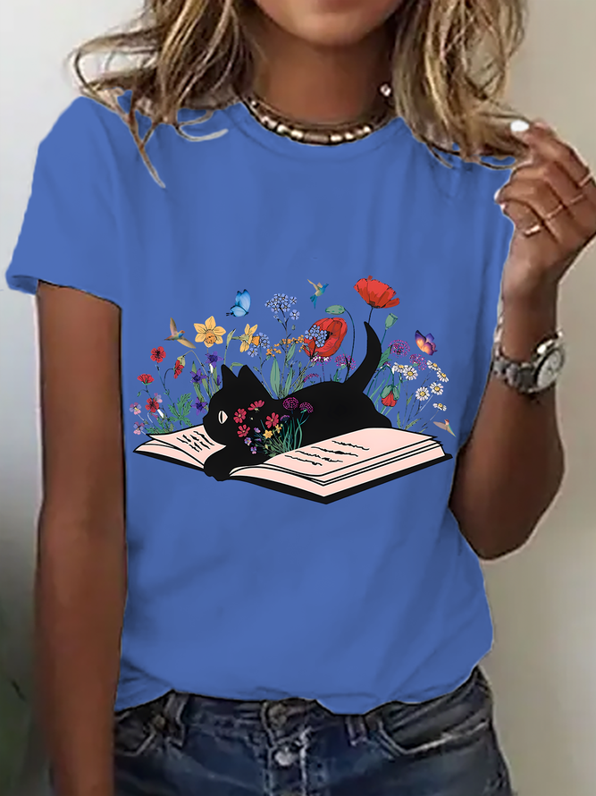 Cute Floral Cat Cotton T-Shirt