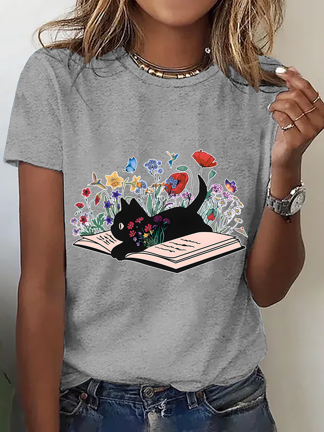 Cute Floral Cat Cotton T-Shirt
