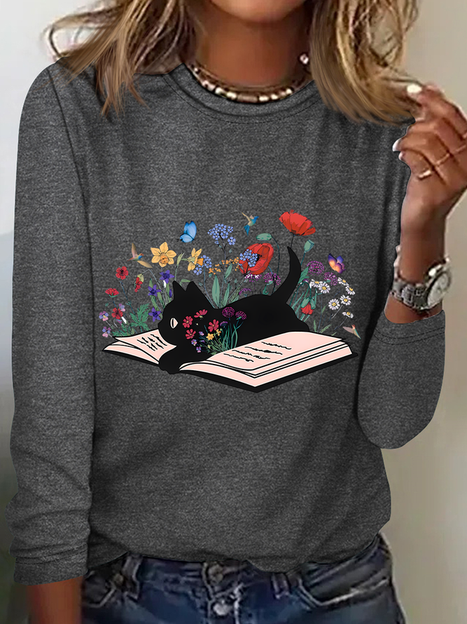 Cute Floral Cat Casual Long Sleeve Shirt