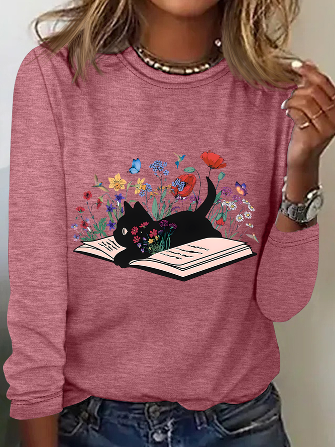 Cute Floral Cat Casual Long Sleeve Shirt