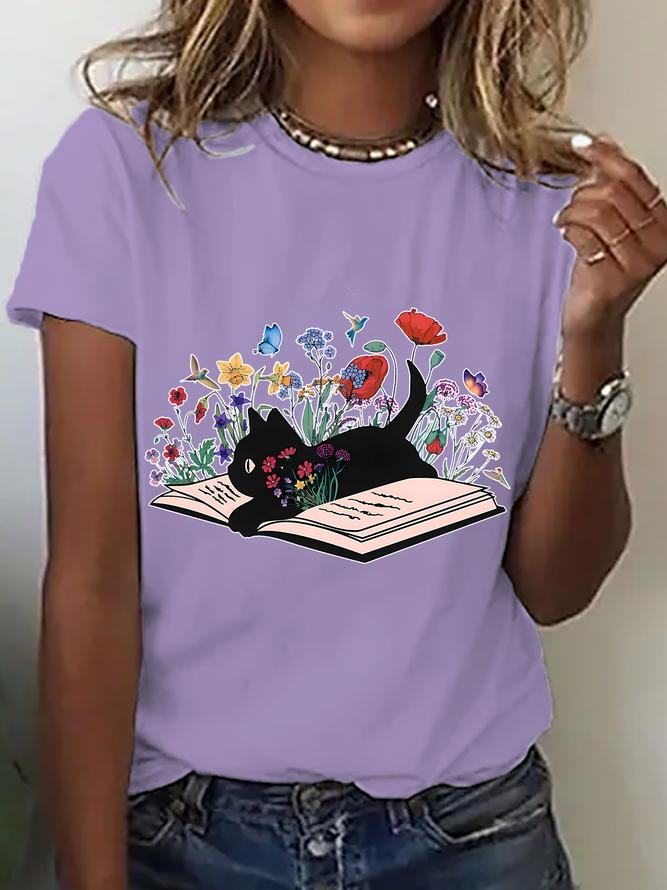 Cute Floral Cat Cotton T-Shirt