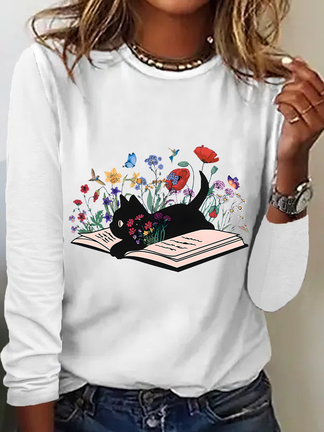Cute Floral Cat Casual Long Sleeve Shirt