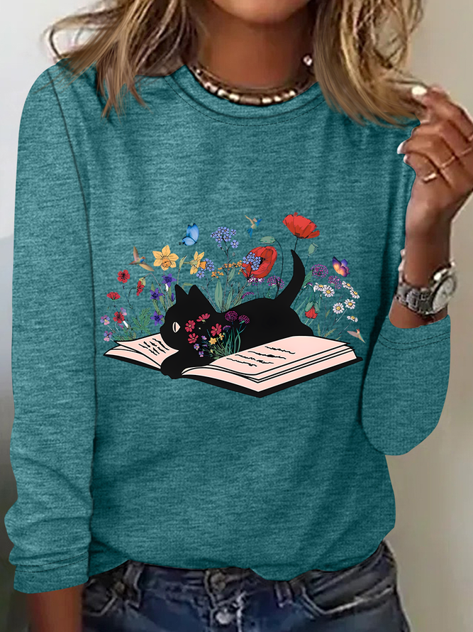 Cute Floral Cat Casual Long Sleeve Shirt
