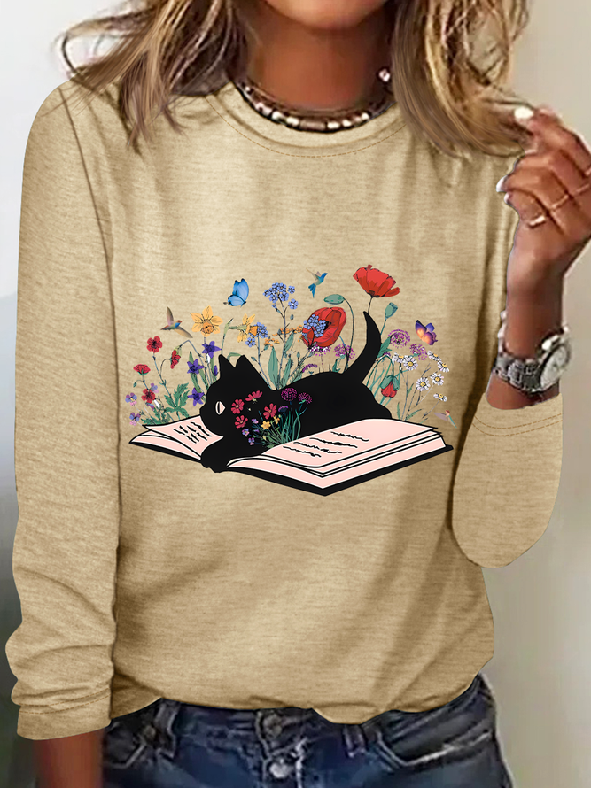 Cute Floral Cat Casual Long Sleeve Shirt