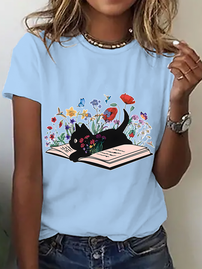 Cute Floral Cat Cotton T-Shirt