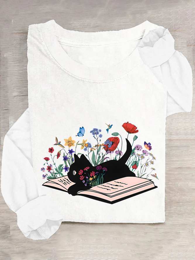 Cute Floral Cat Casual Long Sleeve Shirt