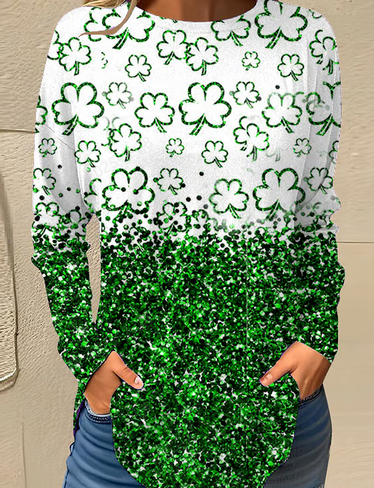 Women's St. Patrick's Day Glitter Clover Printed Top Long sleeve Shirt