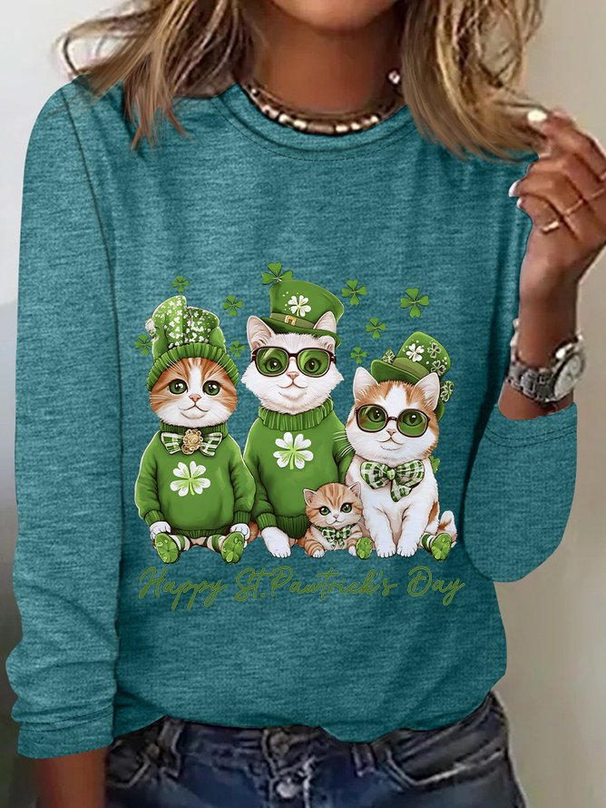 Happy St Pawtrick's Day Funny Cat Casual Long Sleeve Shirt