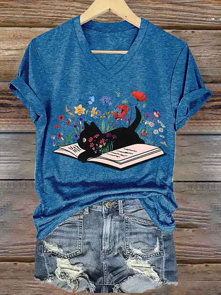 Cat Book Casual Loose V Neck T-Shirt