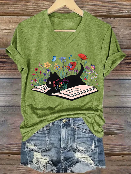 Cat Book Casual Loose V Neck T-Shirt