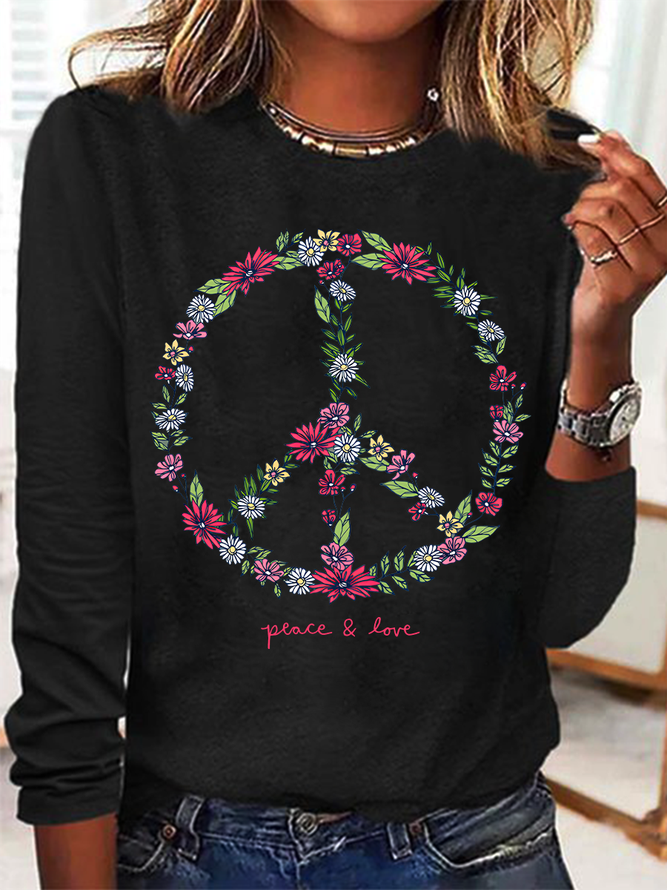 Wildflower Love Peace Sign Casual Long Sleeve Shirt