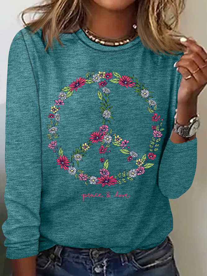 Wildflower Love Peace Sign Casual Long Sleeve Shirt