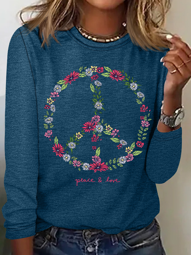 Wildflower Love Peace Sign Casual Long Sleeve Shirt